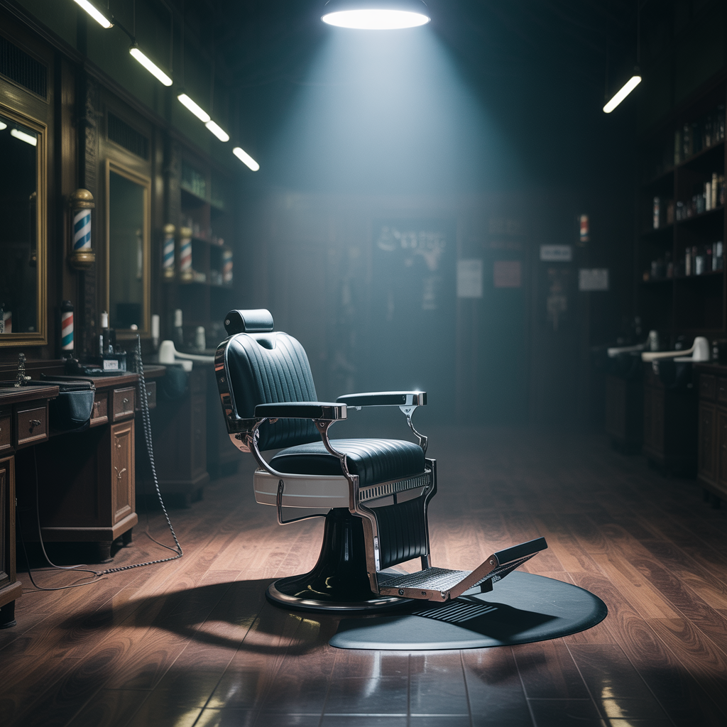 Cadeira de barbearia vazia em luz fria — representação da dor causada por faltas de cliente